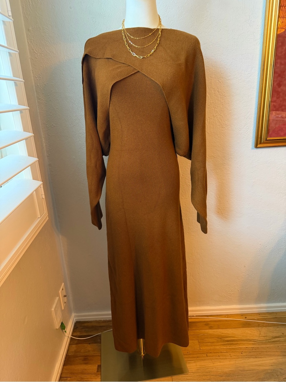 NWT Commense Chocolate Brown Long Sleeve Knit Midi 2 pc Dress